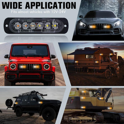 DIBMS Dual Color LED Emergency Strobe Lights - 8X Amber & White 6 LED Warning Light Bar for Cars, Trucks, Vans, ATVs & SUVs - Surface Mount Hazard Lights
