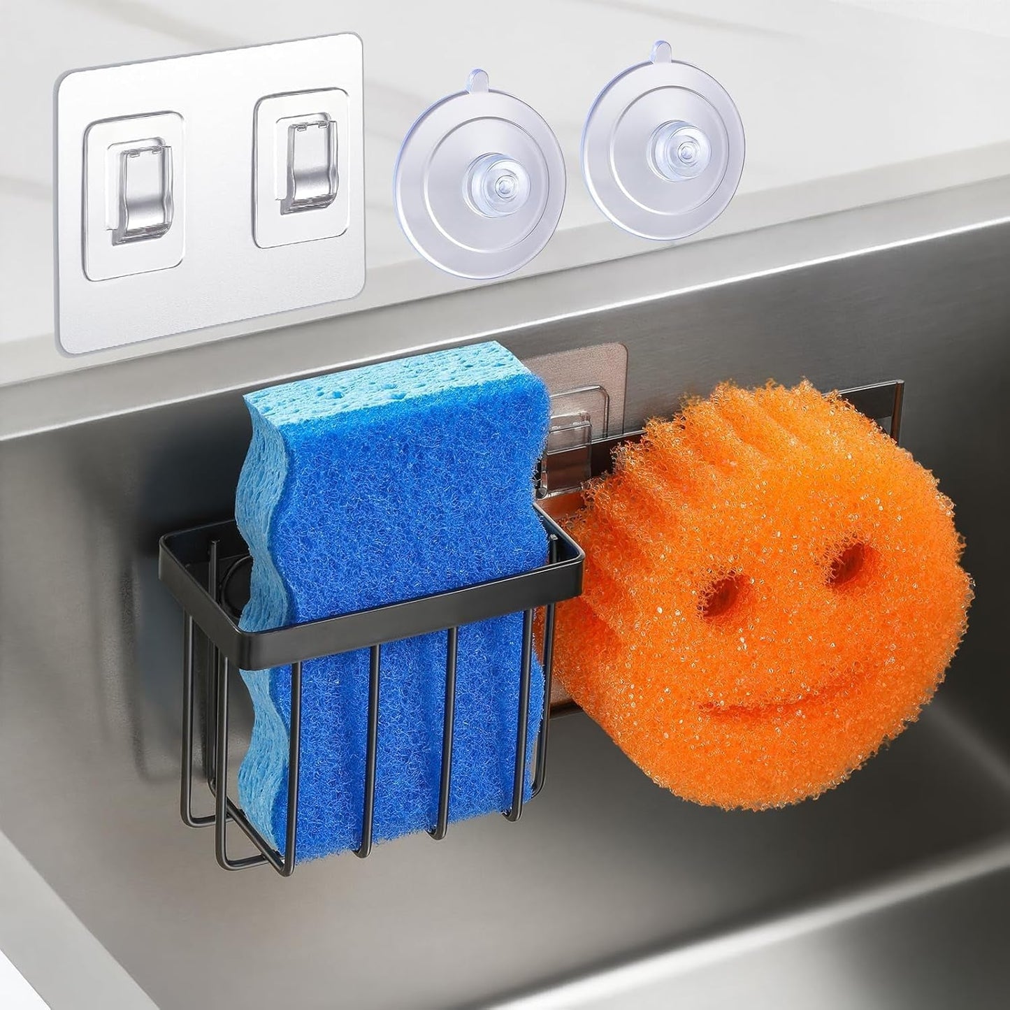 [Space Saving] Sponge Holder for Kitchen Sink, Great for Scrub Daddy / Scrub Mommy Sponges, Rust-Proof Sink Sponge Caddy Organizer for Dish Brush, Scrubber - 2 Mounting Options (Suction Cups & Hooks)