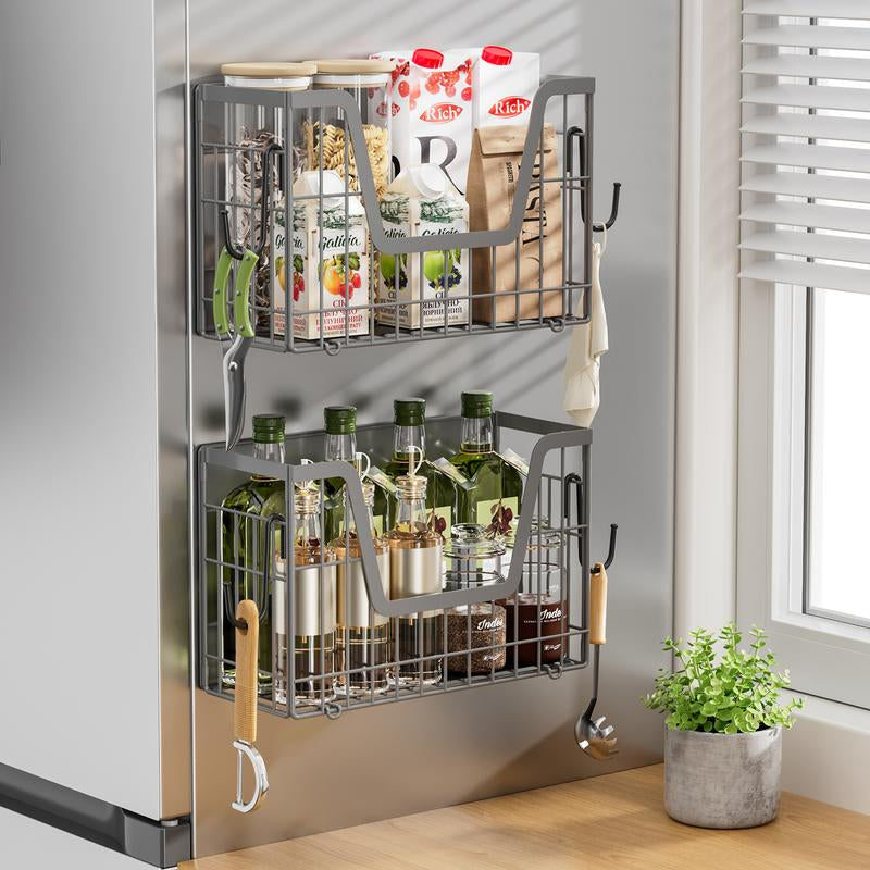 【Holiday Deals】San Dream Magnetic Shelf for Fridge Spice Rack Organizer Magnetic Fruit Basket for Refrigerator Laundry Organizer Spice Snacks Magnet Fridge Shelf-1Pc&2Pcs