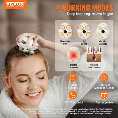 Rechargeable VEVOR Electric Scalp Massager with Heat - Waterproof Head Relaxation Tool