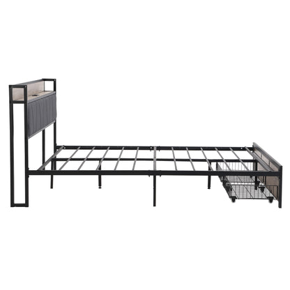 Modern Bed Frame With LED Lights, Upholstered Headboard, USB Charging