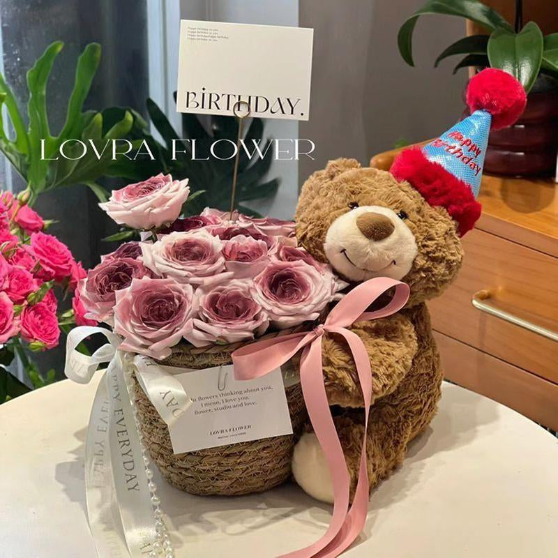 Valentine’S Day Teddy Bear with Eternal Rose Bouquet, Preserved Flower Plush Bear, Romantic Birthday Gift for Her Gift Sets