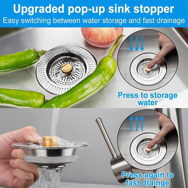 3 in 1 Kitchen Sink Drain Strainer,Universal Stainless Steel Kitchen Sink Stopper, Pop up Anti-Clogging for 3-1/2 Inch US Standard Sink Drain Strainer