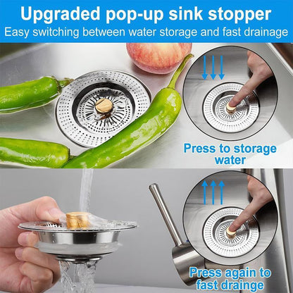 3 in 1 Kitchen Sink Drain Strainer,Universal Stainless Steel Kitchen Sink Stopper, Pop up Anti-Clogging for 3-1/2 Inch US Standard Sink Drain Strainer