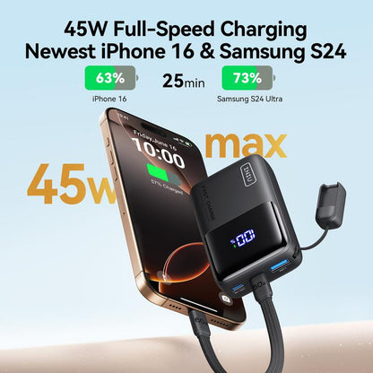 INIU Zapmini 45W PD 10000Mah Power Bank, Ultra Small Pocket Size Powerbank, Carry P50-E1 Travel Essentials Portable Charger, Detachable Lanyard USB C Cable Fast Charge Phone Battery Pack for Iphone 17 16 15 Series Ipad Airpods Samsung Switch Perfect Gift
