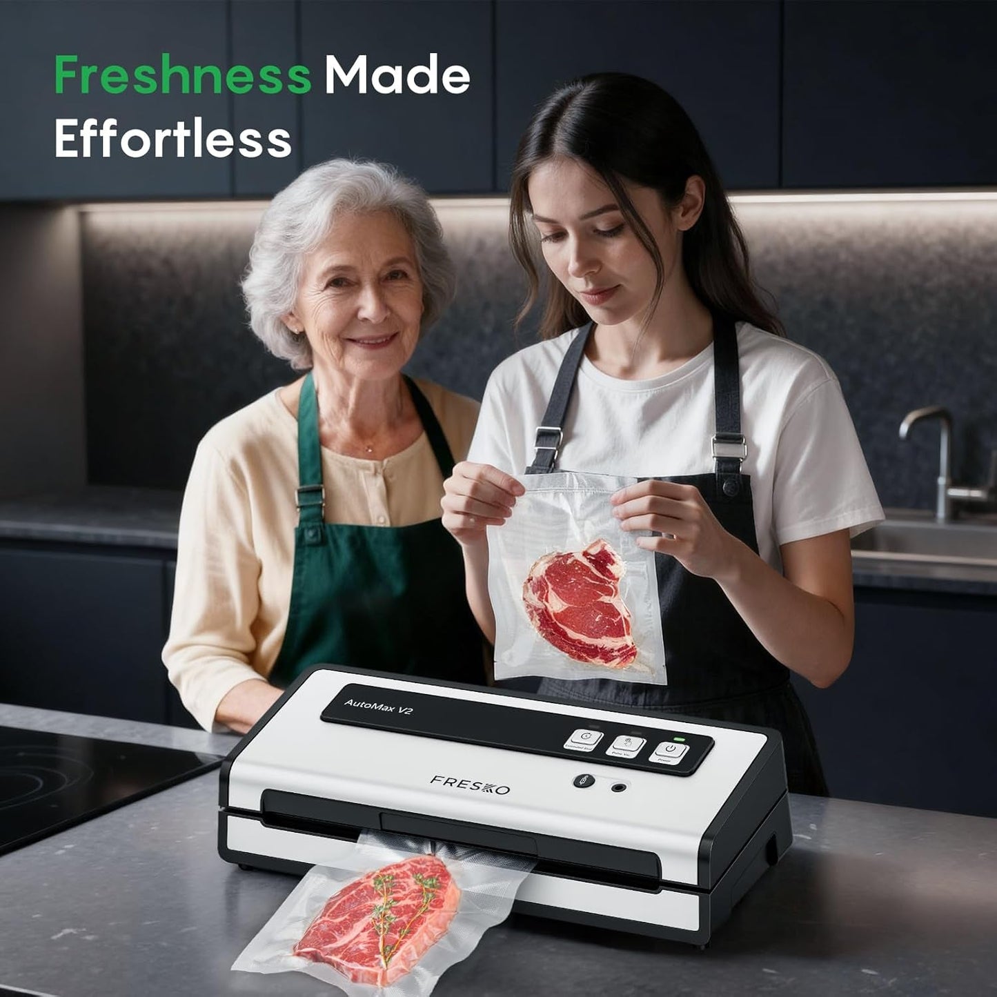 FRESKO Vacuum Sealer Machine with Automatic Bag Detection, 0.2-Inch Widened Heating Strip, Compact Food Sealer, Easy to Use, Starter Kit