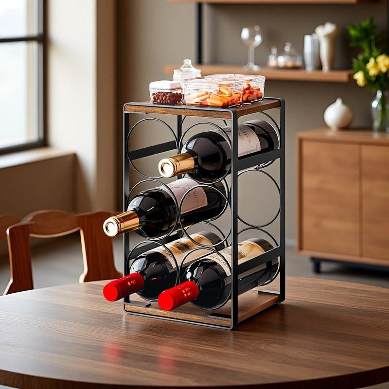SUOERNUO Wood Countertop Wine Rack No Assembly Needed 6-Bottle Capacity Black & Rustic Brown Metal & Wood Construction Rust-Resistant Powder Coating Freestanding Storage Solution