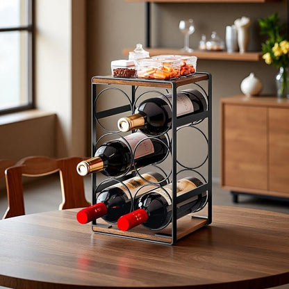 SUOERNUO Wood Countertop Wine Rack No Assembly Needed 6-Bottle Capacity Black & Rustic Brown Metal & Wood Construction Rust-Resistant Powder Coating Freestanding Storage Solution
