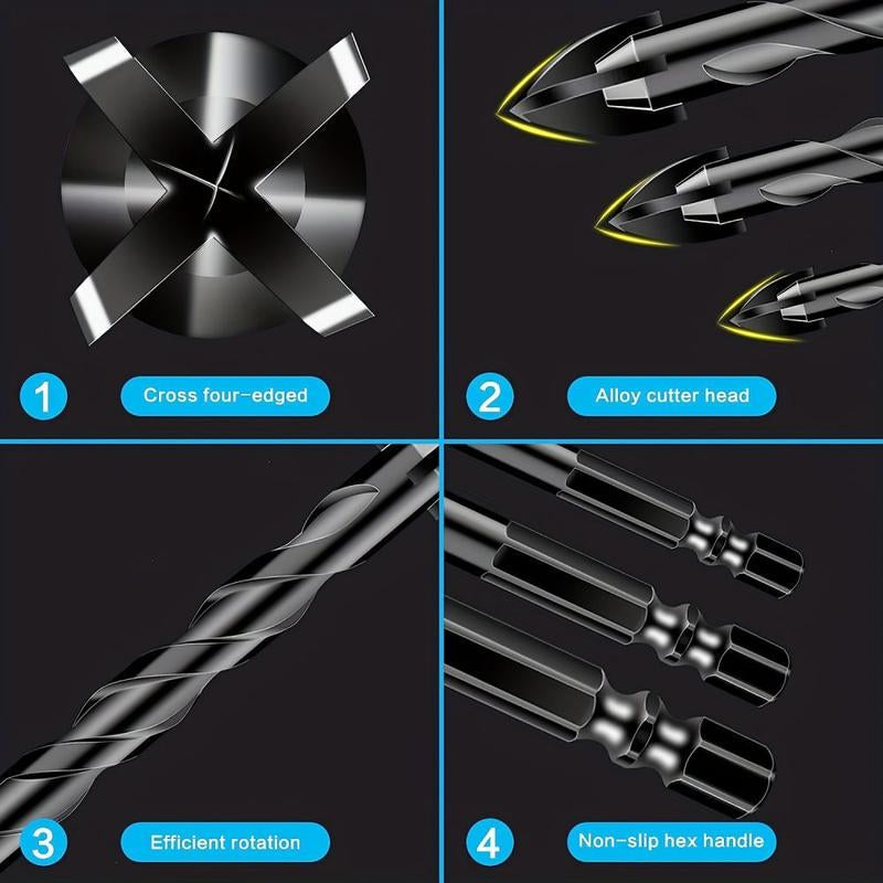 Masonry Spiral Drill Bit Set, Concrete Drill Bit Set for Tile, Brick, Glass, Plastic and Wood, Tungsten Carbide Tip for Ceramic Tile, Wall Mirror, Paver on Concrete or Brick Wall