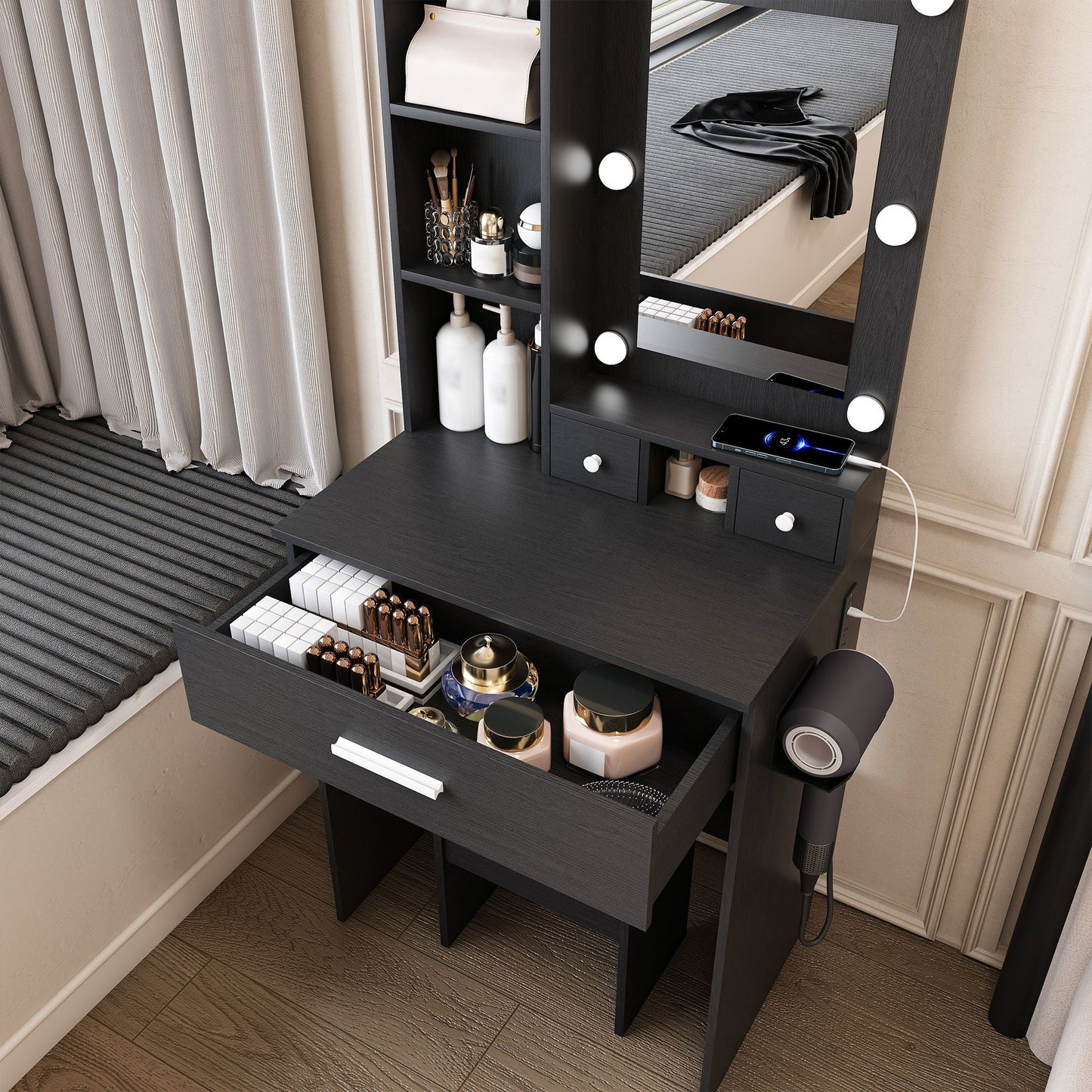 Vanity Table With Mirror, Adjustable LED Lights, Power Outlet, Hairdryer Holder & Stool