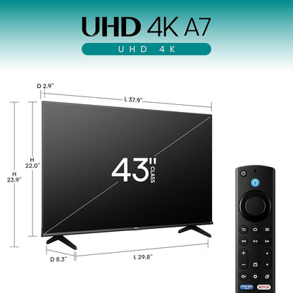 Hisense 43" Class A7 Series (43A7NF, 2025 Model) 4K UHD Smart Fire TV, Voice Remote with Alexa, Wide Color Gamut, HDR10+, Dolby Vision, Dolby Atmos, Game Mode, ALLM, Stream Live TV without Cable