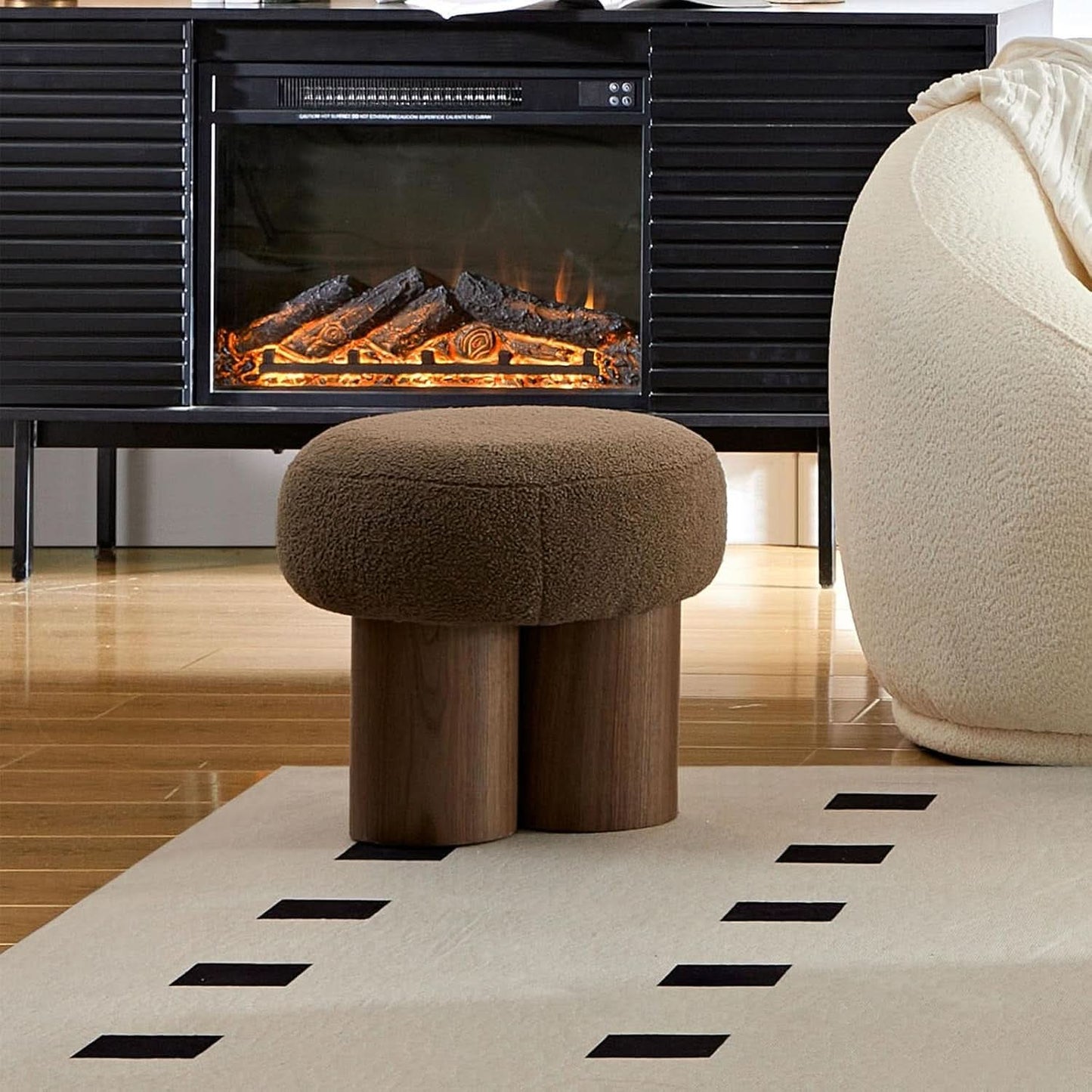 Luxurious Dark Brown Boucle Round Ottoman Footstool
