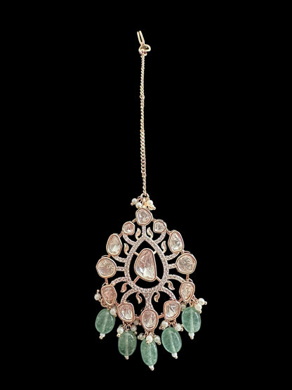 DNS206 Alayna Polki Necklace earrings tika set - light green beads with pearls ( READY TO SHIP )