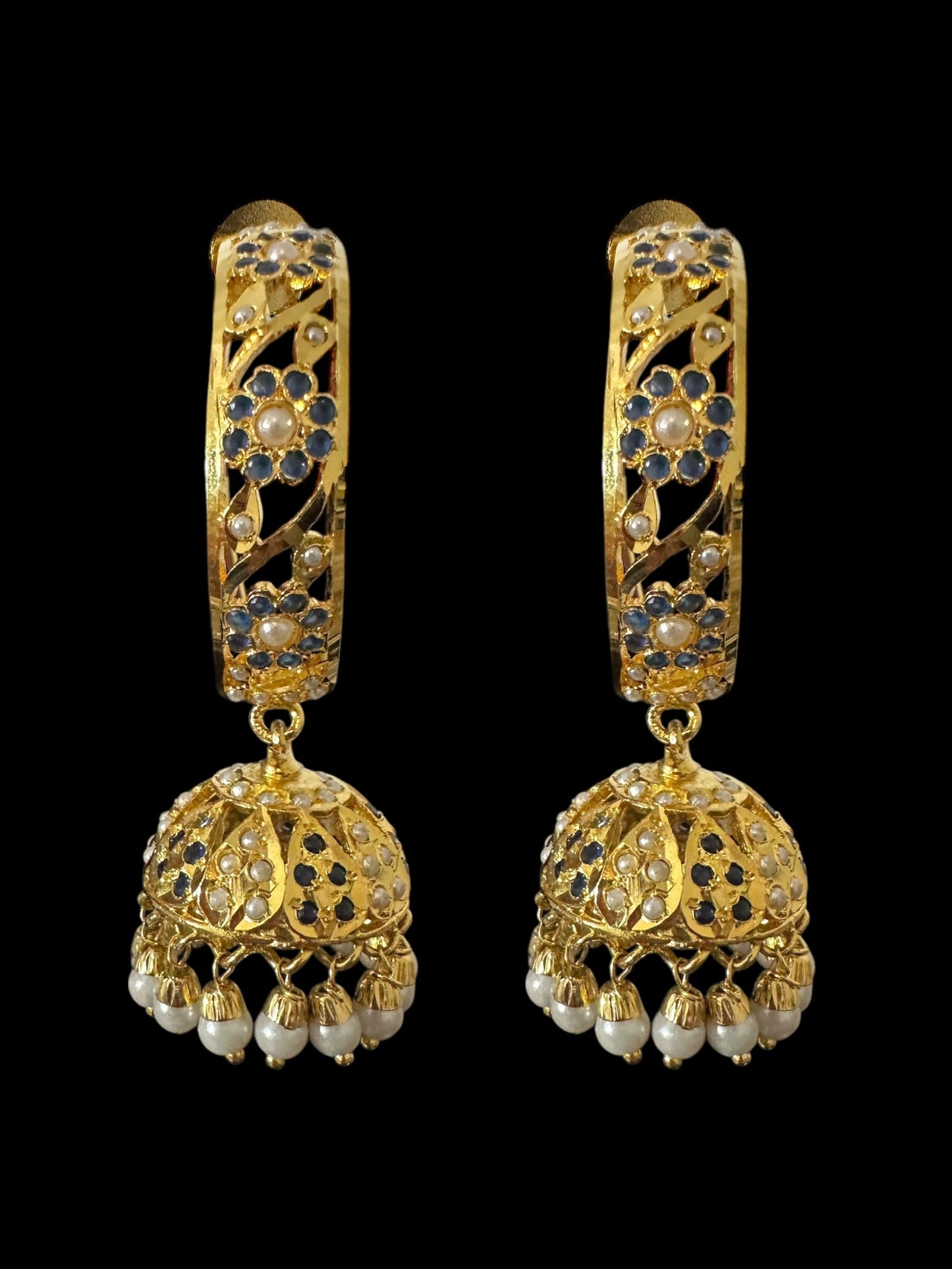 DER805 Jadau jhumka/hoop earrings in sapphire pearl combination ( SHIPS IN 3 WEEKS )