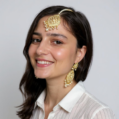 DJET99 Megha jadau earrings tika set  in pearl ( READY TO SHIP )