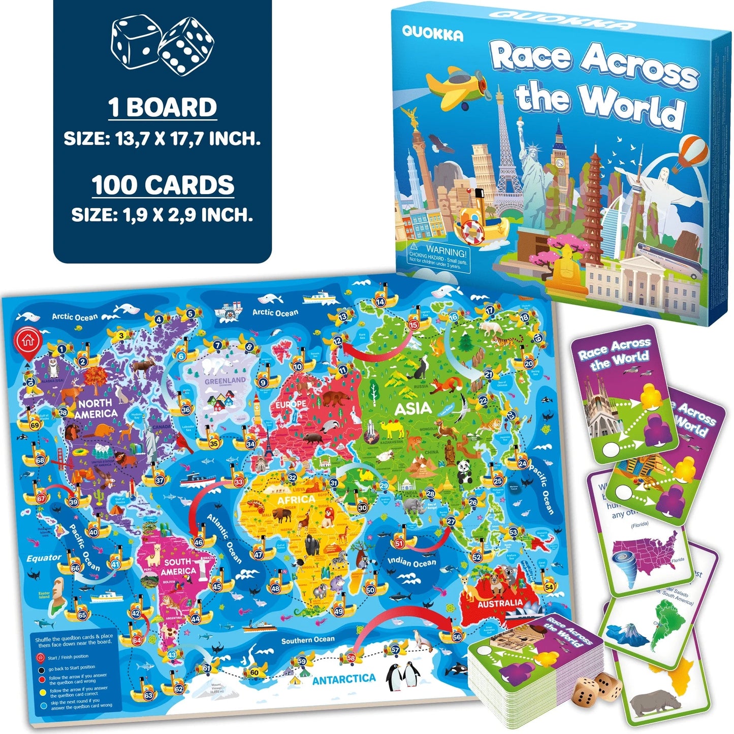 Learning Board Games for Kids 6-8 - Educational Trivia Cards Ages 8-12 - 3X Set World USA Map & Space