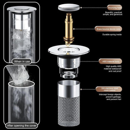 Citydry-Bathroom Sink Stopper Hair Catcher Universal Pop up Sink Drain Filter with Stainless Steel Filter Basket & Brass Drain Plug