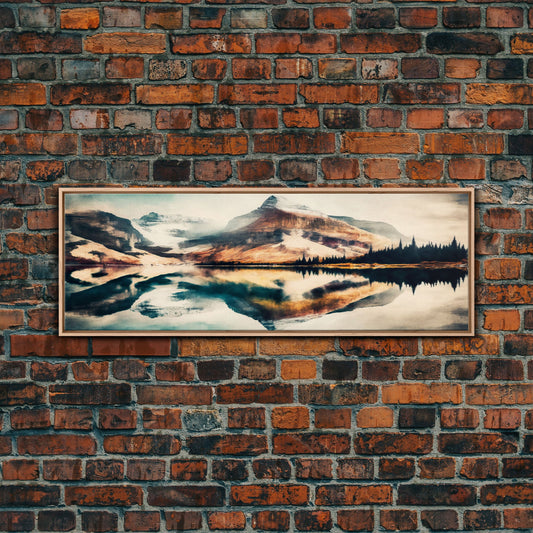 Stunning Panoramic Framed Canvas Print - Snowy Mountain Lake Watercolor Landscape Painting Home Decor Art - Framed Wall Art