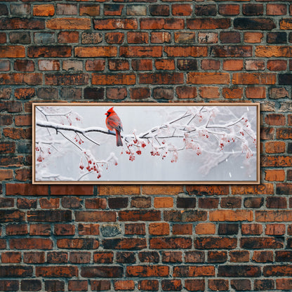 Panoramic Print of a Cardinal In A Snow Storm, Winter Decor, Christmas Centerpiece, Beautiful Animal Print, Animal Painting, Canvas Print
