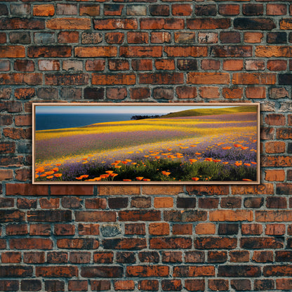 Orange and Purple Flowers in Bloom, Office Poster, Extra Large Wall Art, Framed Panoramic Canvas Print, Framed Wall Decor