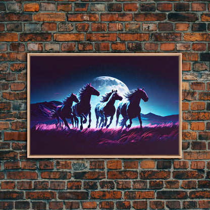 Wild horses running in the moonlight, vaporwave art, framed canvas print