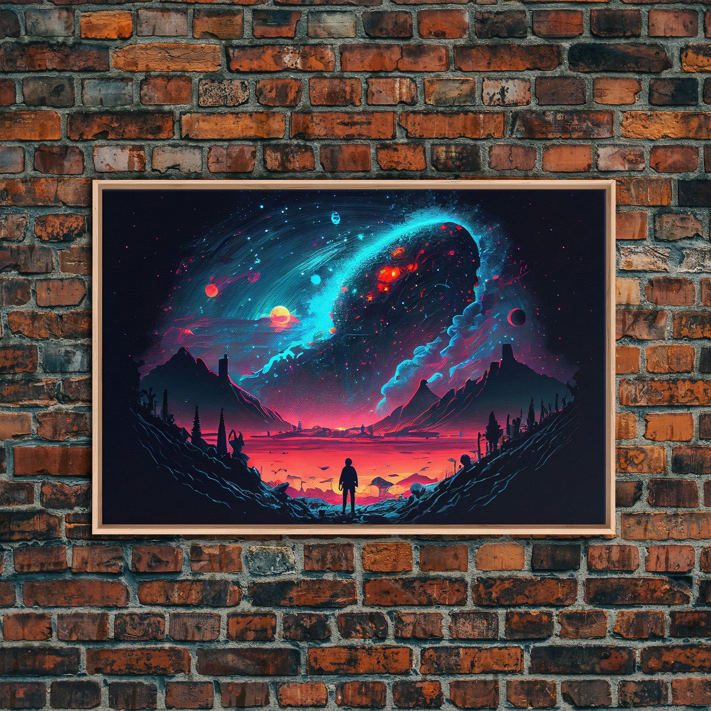 Strange new worlds among  the stars, scifi retrowave art, framed canvas print, unique wall art