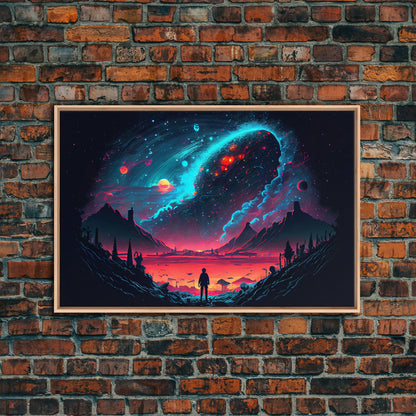 Strange new worlds among  the stars, scifi retrowave art, framed canvas print, unique wall art