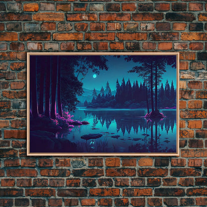 Vaporwave Full moon over the lake at midnight, framed canvas print, subdued art, watercolor painting print