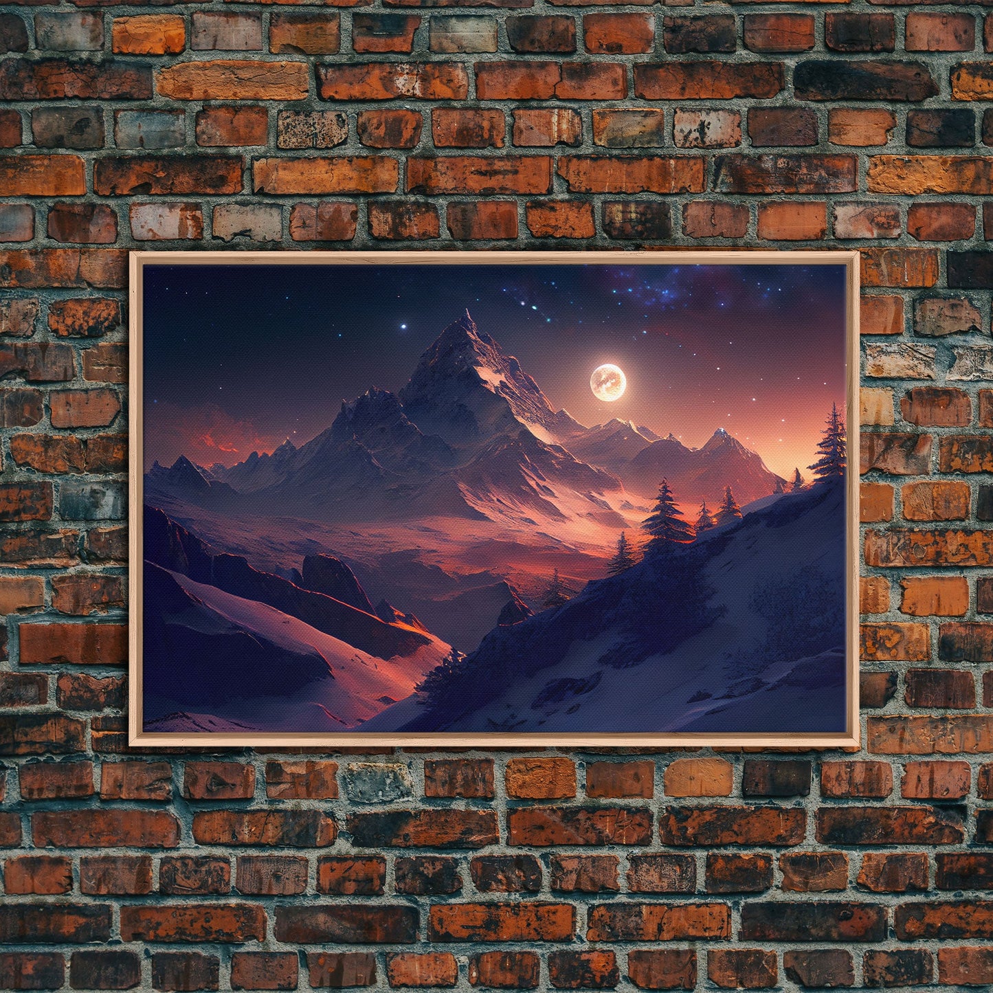 Mt. Everest Art, full moon over a mountain landscape, watercolor, framed canvas print, unique wall art