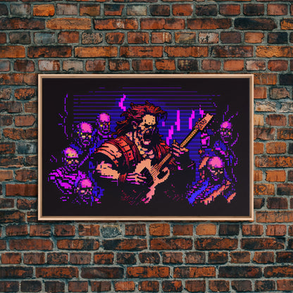 Human bard pixel art, vaporwave RPG concept art, framed canvas print, synthwave tabletop art