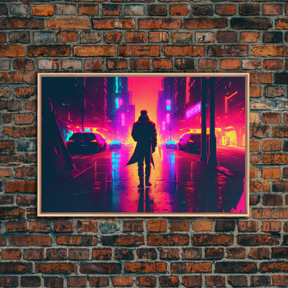 Cyberpunk bounty hunter art, vaporwave synthwave dystopian cityscape, framed canvas print
