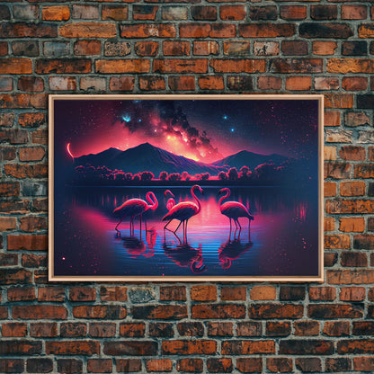 Pink Flamingos against a starry night sky, synthwave vibes, framed canvas print, framed art