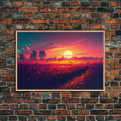 Watercolor of a beautiful sunset over a vibrant field of flowers, framed canvas print, framed art