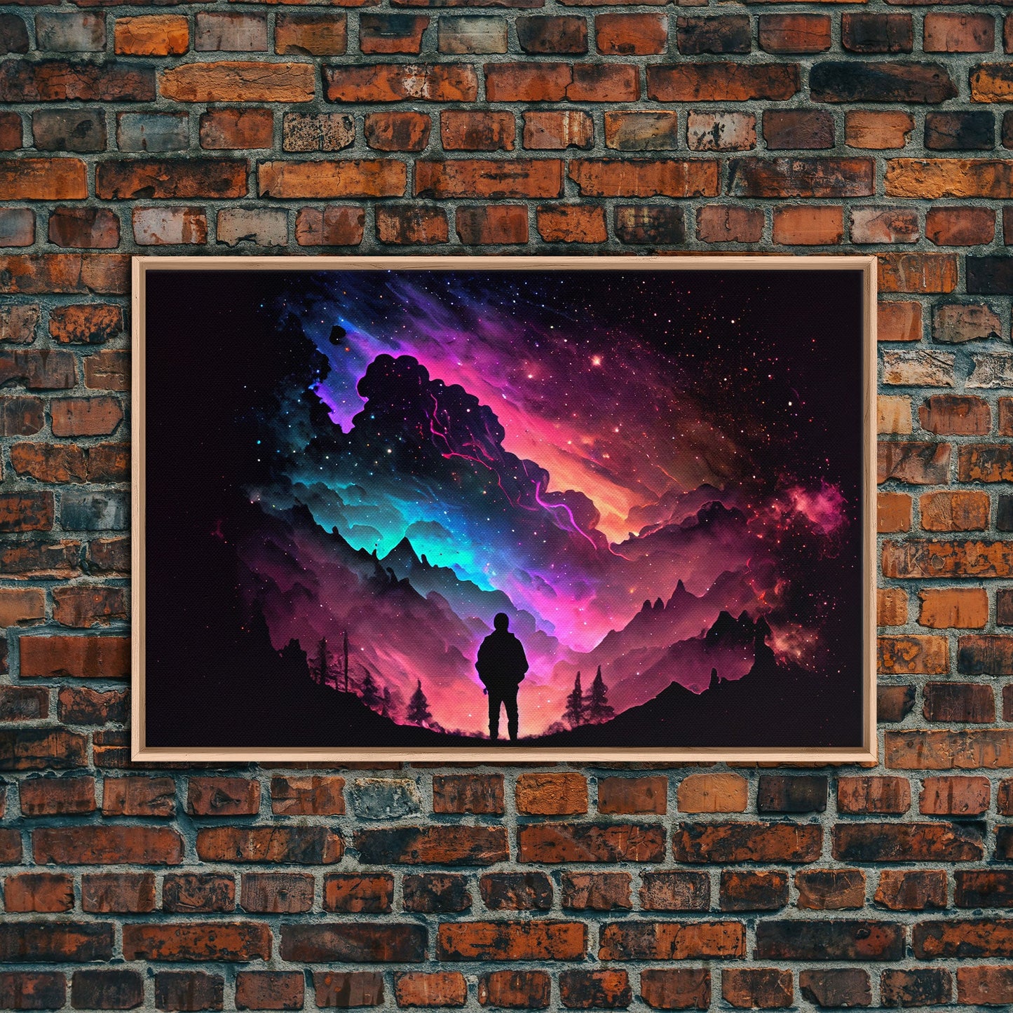 Contemplating the Universe, retro style space art, framed canvas print, synthwave space decor
