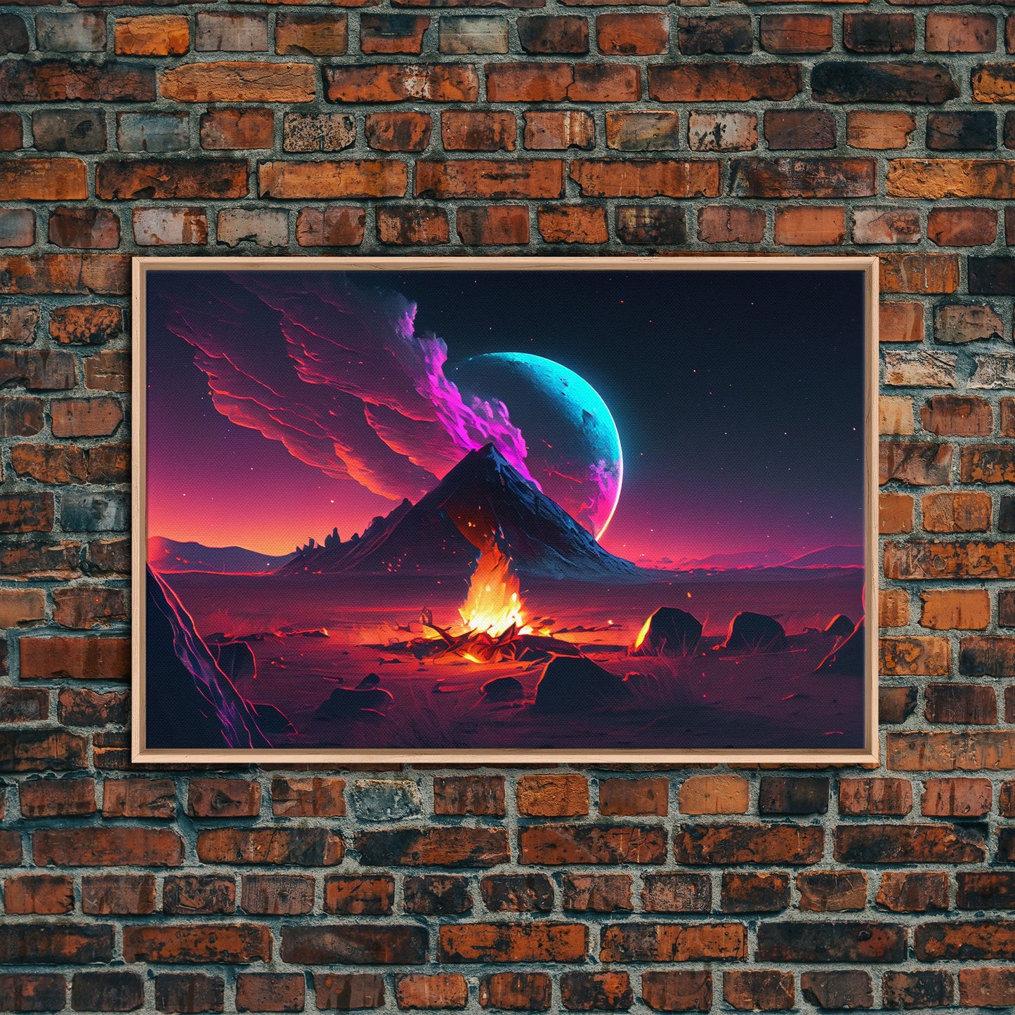 Campfire under a Full Moon, Framed canvas print, retro synthwave / outrun style primitive home decor