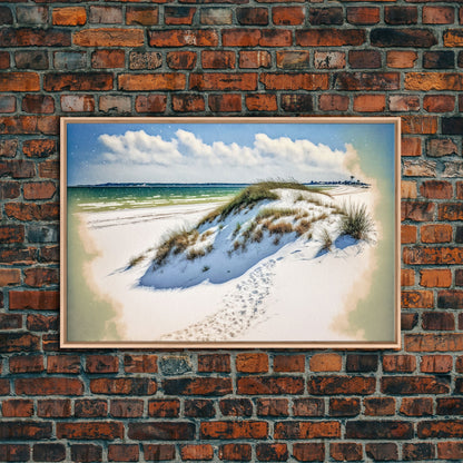 Whimsical watercolor of sand dunes on a beach, framed canvas print, beautiful living room wall art