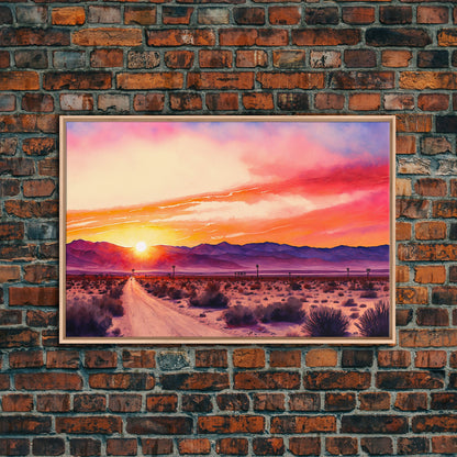 Arizona Desert at Sunset, Dirt Road, Framed Canvas Print, Colorful Wall Art, Sofa Art