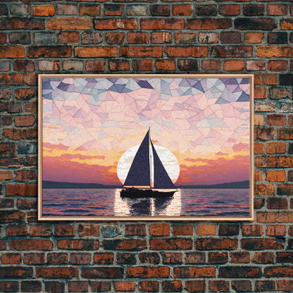 Sailing Under a Stained Glass Sky, Framed Canvas Print, Canvas Art, Nautical Art Deco Style Sunset Art