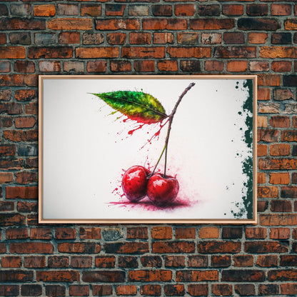 Watercolor Cherry, Still Life Paint Splatter Art, Framed Canvas Print, Fruit Art, Cherries with Stems Watercolor Painting