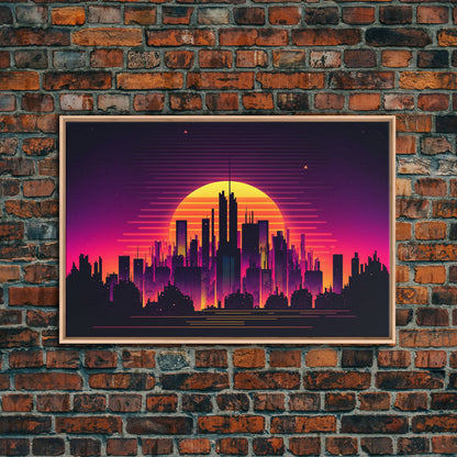 Outrun Style Futuristic Cyberpunk City Skyline at Sunset, Concept art, framed canvas print, dystopian art