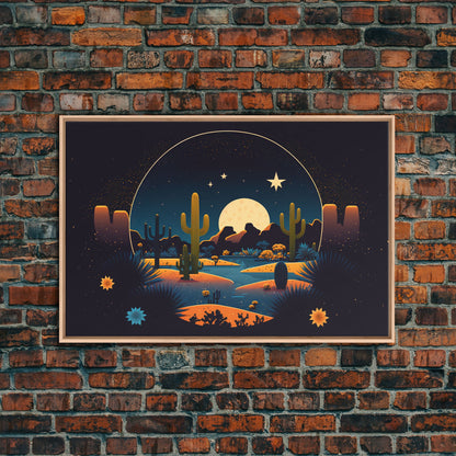 Retro Art Deco Style Pueblo Desert Art, Cactus Desert Landscape under a Full Moon, Framed Canvas Print, Cute Western Decor