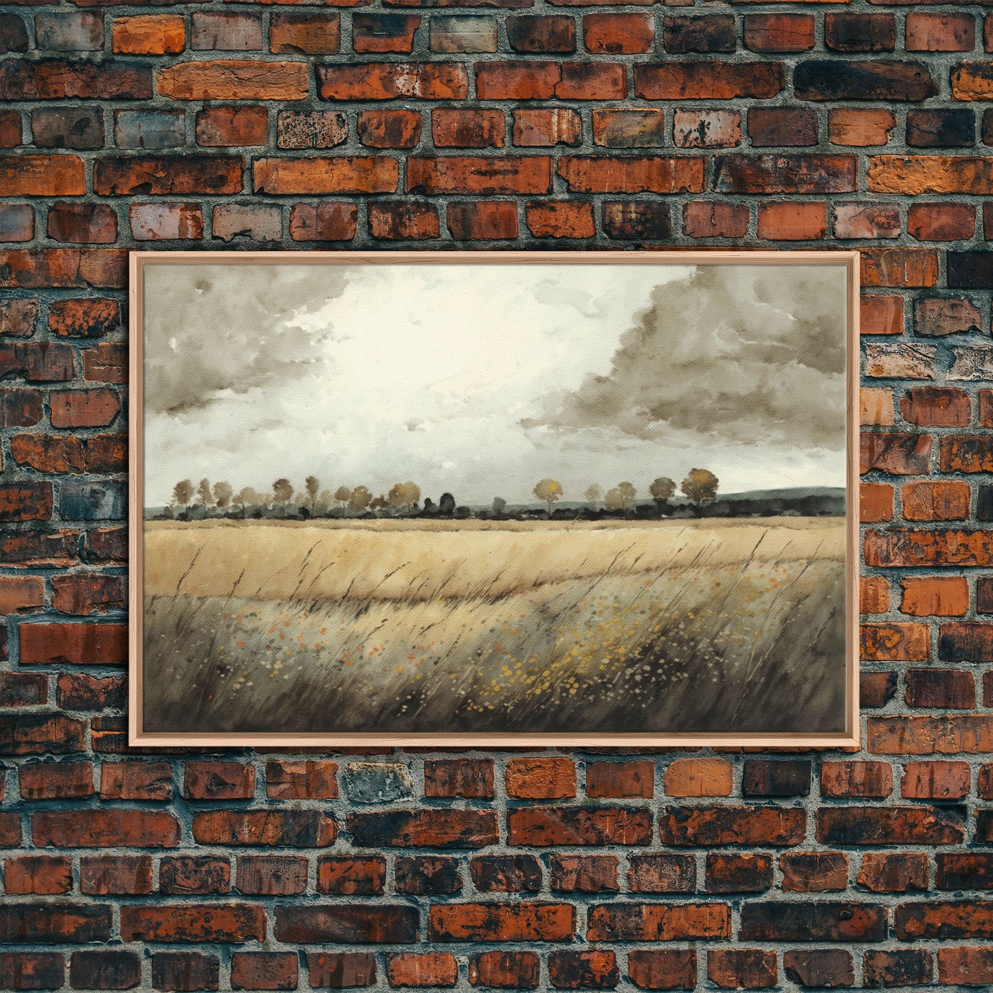 Moody Country Landscape Canvas Print Painting | Vintage Wall Art | Subdued Wall Art | Framed Canvas | Muted Monochromatic Landscape Art