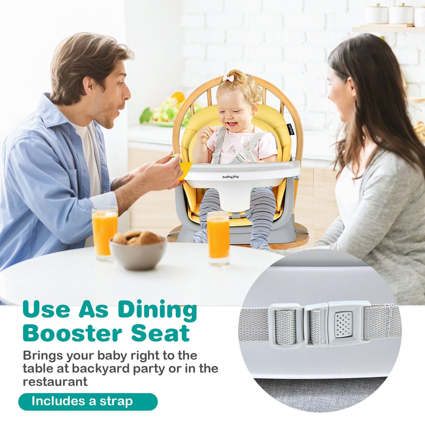 6-in-1 Convertible Baby High Chair with Adjustable Removable Tray-Yellow