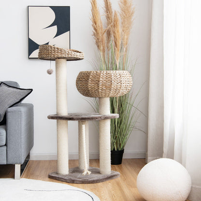 41 Inch Rattan Cat Tree with Napping Perch-Brown