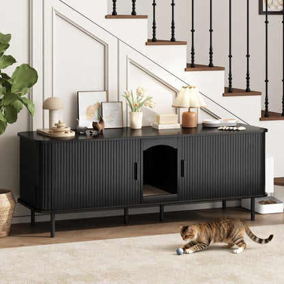 Fluted Hidden Cat Litter Box Enclosure – Modern Wood Furniture with Scratching Pad, Large Indoor Cat House Cabinet Side/End Table for Living Room & Entryway