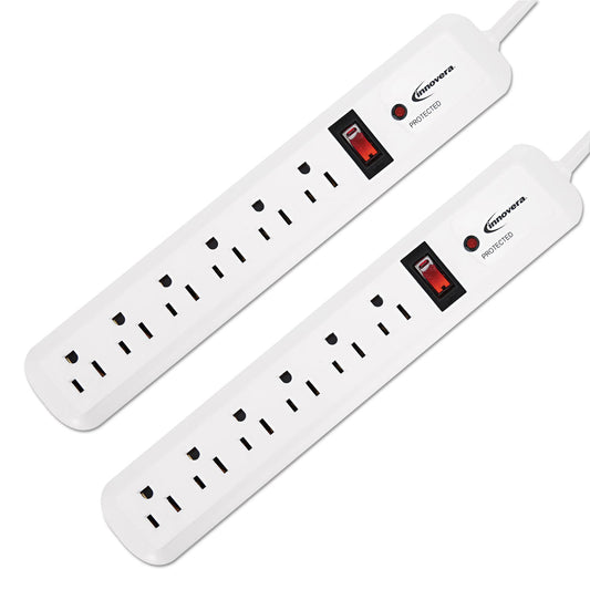 Innovera Surge Protector, 6 AC Outlets, 4 ft Cord, 540 J, White, 2/Pack