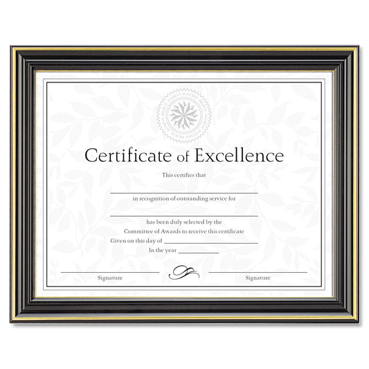DAX Gold-Trimmed Document Frame with Certificate, Plastic/Glass, 8.5 x 11, Black
