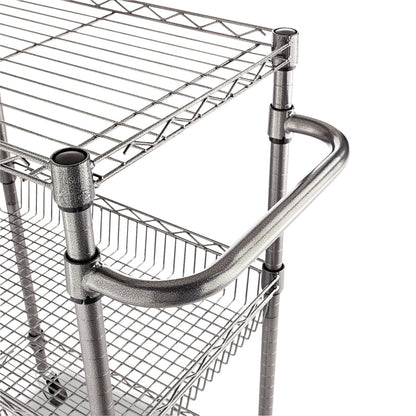 Alera Three-Tier Wire Cart with Basket, Metal, 2 Shelves, 1 Bin, 500 lb Capacity, 28" x 16" x 39", Black Anthracite