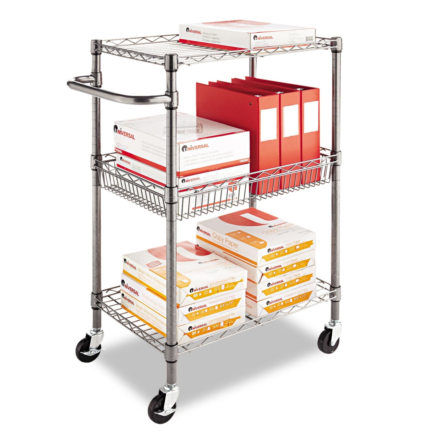 Alera Three-Tier Wire Cart with Basket, Metal, 2 Shelves, 1 Bin, 500 lb Capacity, 28" x 16" x 39", Black Anthracite