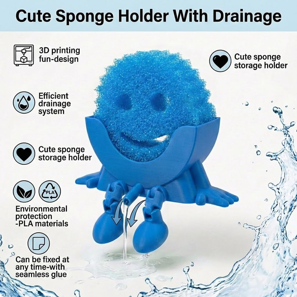 Creative Hanging Sponge Holder with Drainage/Traceless Glue, 3D Printing Countertop Funny Sponge Holders for Kitchen Sink, Keeps Your Sponge Dry & Smiling, for Scrub Daddy Holder (1, Blue)